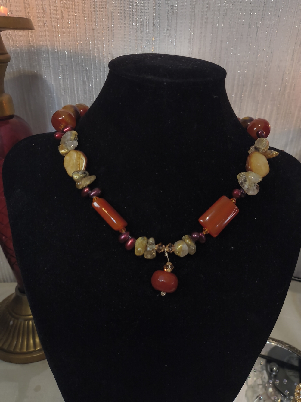 Rare Artisan .925 Sterling Silver Chunky Carnelian Citrine Statement Necklace